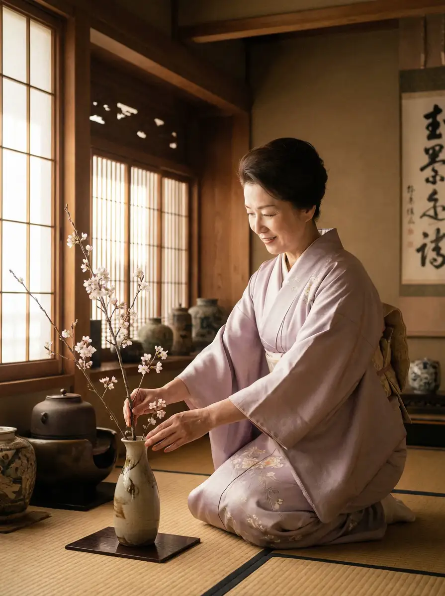 一位优雅的 易倍体育平台 在和室中插花